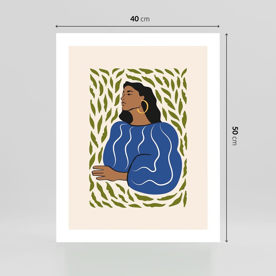 Plakat bez ramy 40x50 - Rozbite Barwy - nowoczesny plakat, kobieta otoczona liśćmi