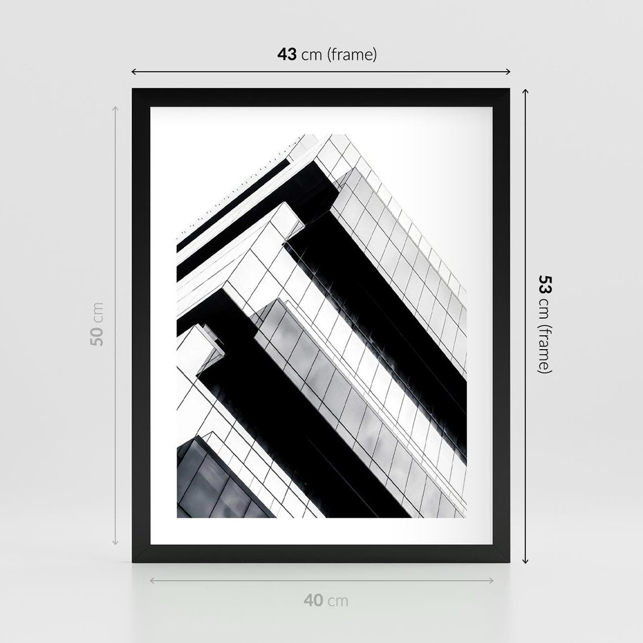 Plakat w ramie 40x50 - Nowoczesna Surowość: Wieżowiec na Czarno-Białej Grafice - architektura, wieżowiec - rama czarna