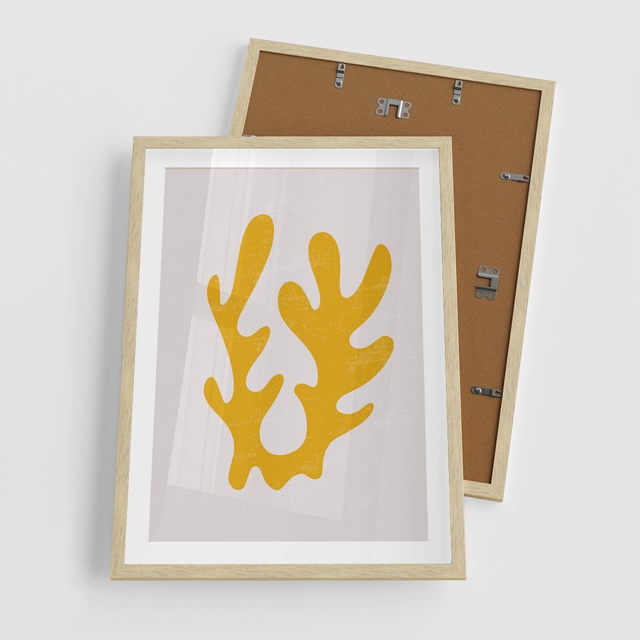 Plakat w ramie 50x70 - Abstrakcyjna Synergia - abstrakcyjna żółta forma, minimalizm - rama drewno