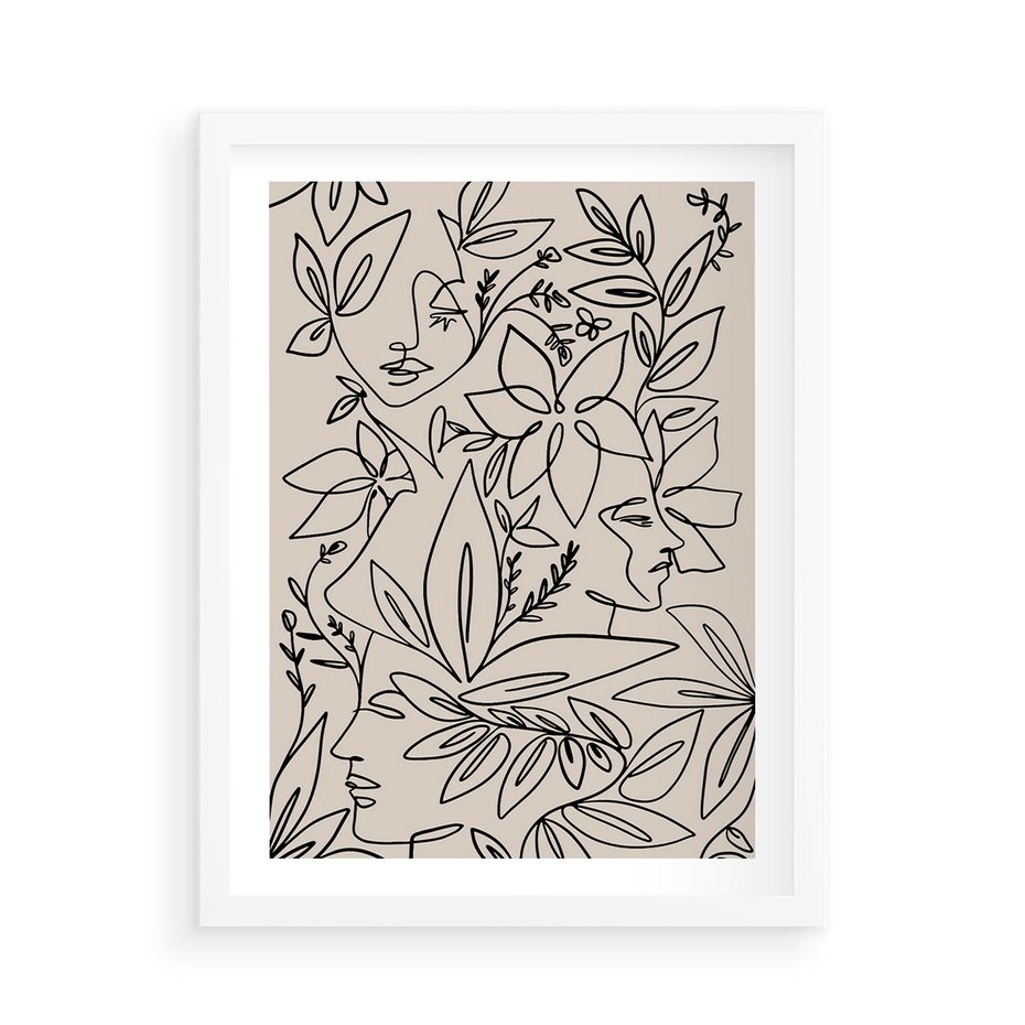 Plakat w ramie 50x70 - Kobiecy Portret Duszy - beżowe tło, czarny szkic nowoczesnych kwiatów - rama biała