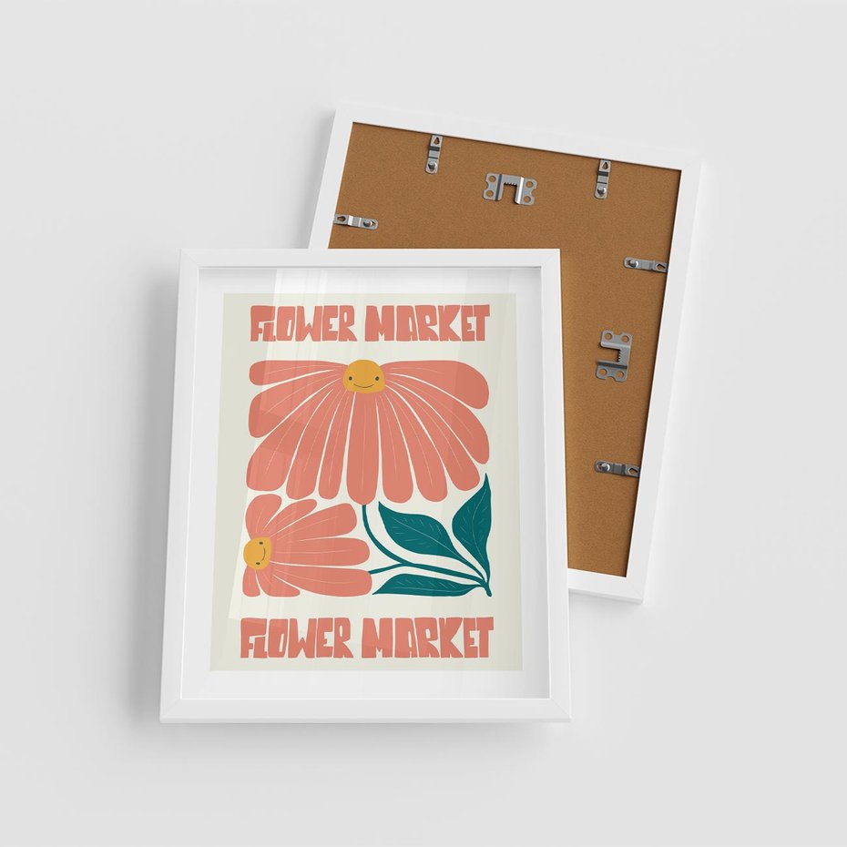 Plakat w ramie 40x50 - Retro Radość - typografia, wesołe kwiaty - rama biała