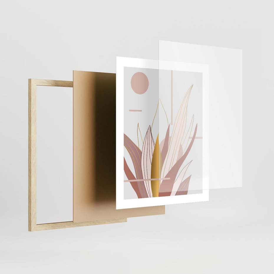 Plakat w ramie 40x50 - Złota Grafika Liści: Wyjątkowa Dekoracja - liście, złoto - rama drewno