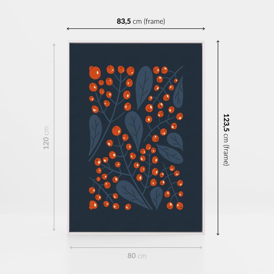 Obraz w ramie 80x120 - Symfonia liści i owoców - granatowe tło, pomarańczowe owoce jarzębiny - rama biała