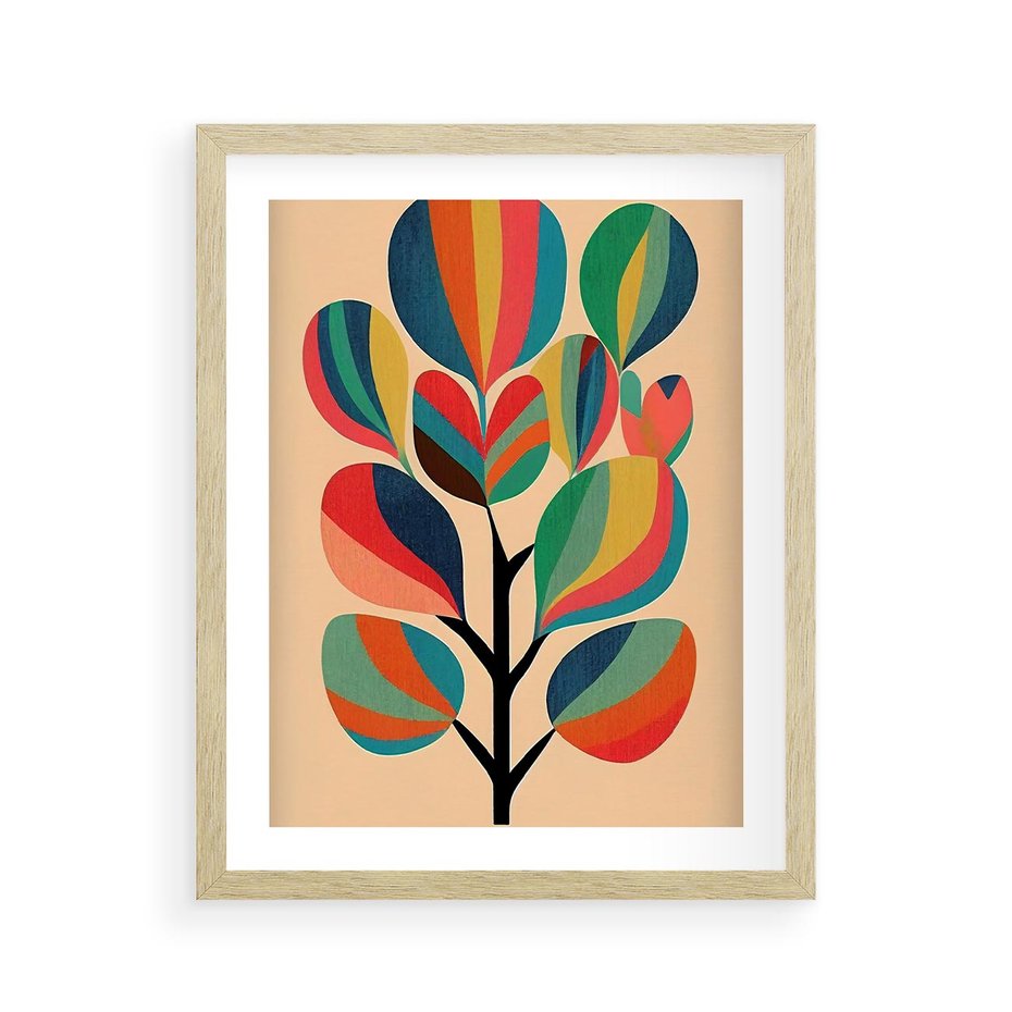 Plakat w ramie 40x50 - Harmonia Rozplątanych Form - abstrakcyjny kolorowy tęczowy obraz, inspiracje roślinne - rama drewno