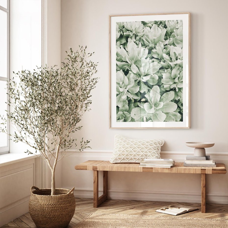 Plakat w ramie 30x40 - Liście w Jasnych Odcieniach Zielonego - liście, jasna zieleń fotografia - rama drewno