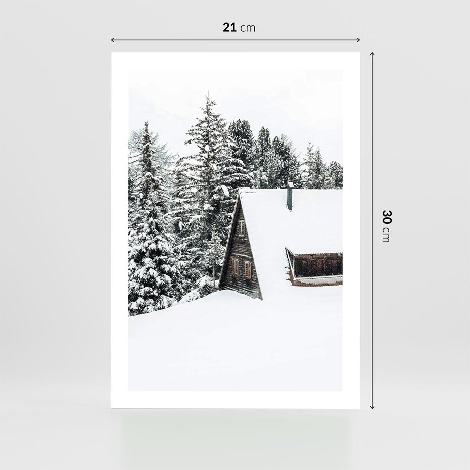Plakat bez ramy 21x30 - Zimowy Urok - śnieg, domek w górach