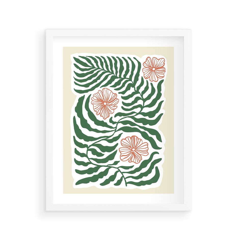 Plakat w ramie 40x50 - Migocące Wzory - abstrakcyjna kompozycja, paprocie - rama biała