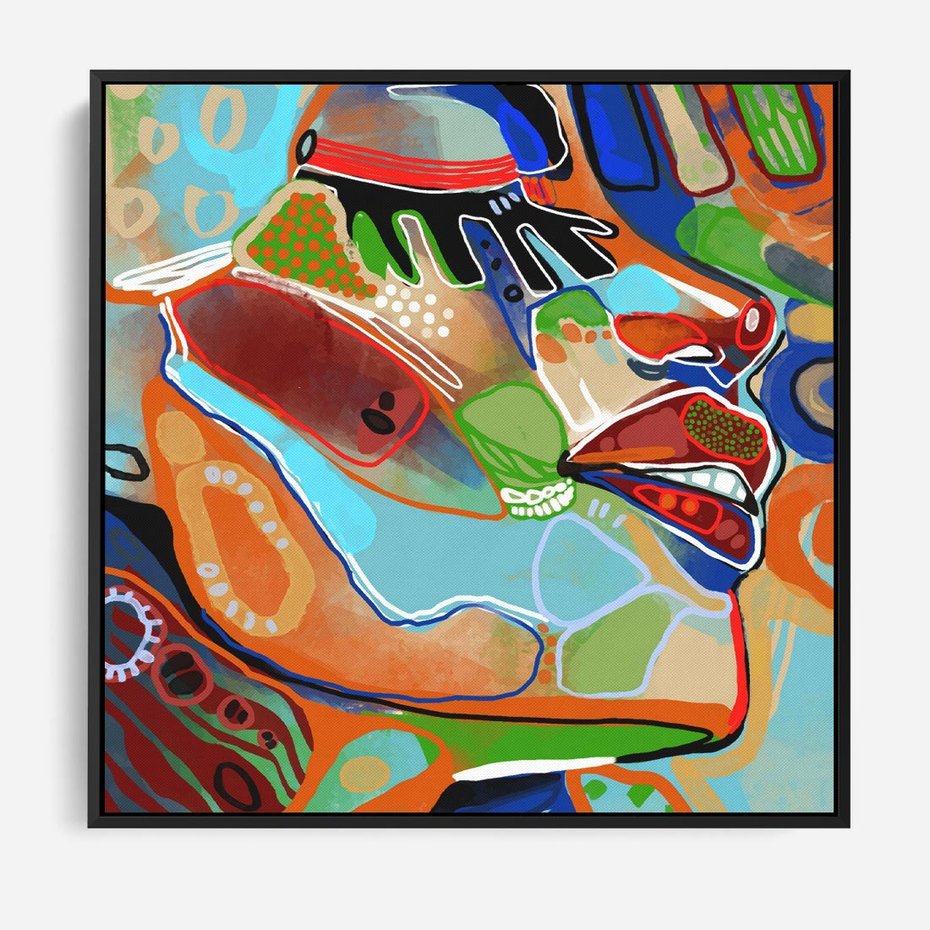 Obraz w ramie 50x50 - Kolorowe Wnętrza Kształtów - abstrakcyjny portret kobiety, twarz - rama czarna