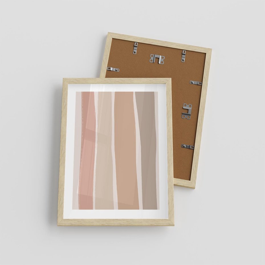 Plakat w ramie 30x40 - Tęczowa Zgaszona Aura - abstakcyjne tęczowe pasy, delikatne odcienie beżu - rama drewno