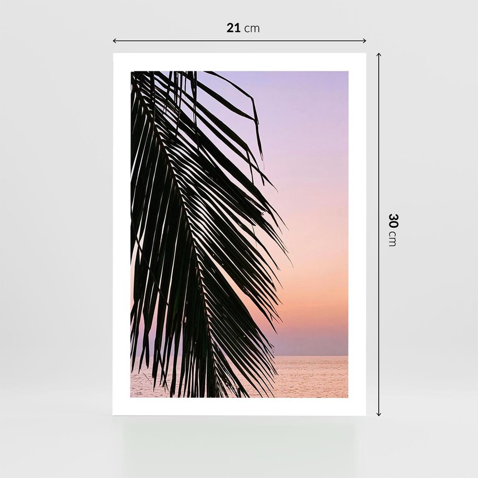 Plakat bez ramy 21x30 - Liście Palmy nad Morzem - zachód słońca, liście palmy na tle nieba i morza