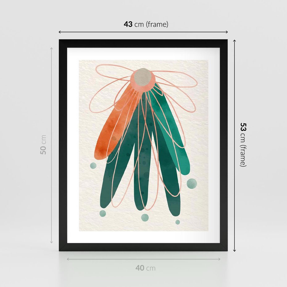 Plakat w ramie 40x50 - Energetyczna Harmonia Kwiatów - akwarelowe abstrakcyjne kształty, zieleń i pomarańcz - rama czarna
