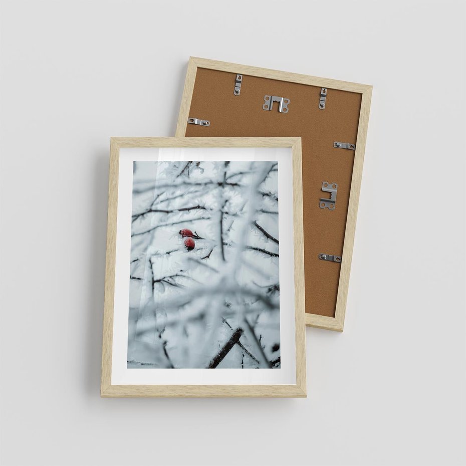 Plakat w ramie 30x40 - Zima w Detalu: Gałęzie ze Szronem i Śniegiem - śnieg, zima - rama drewno