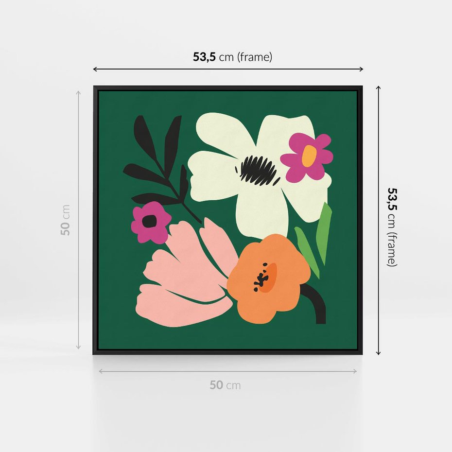 Obraz w ramie 50x50 - Rozbijające Echa - abstrakcyjne kwiaty, zielone tło - rama czarna