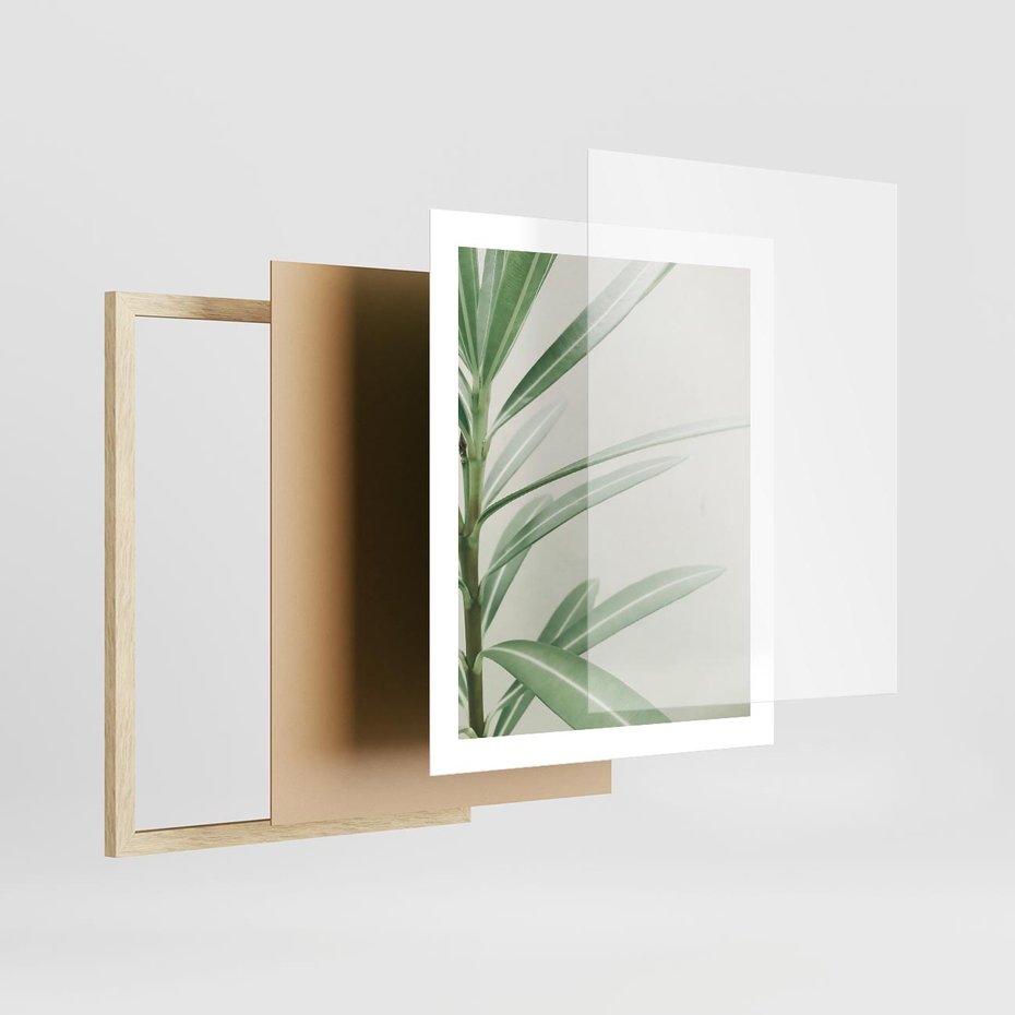 Plakat w ramie 40x50 - Minimalistyczna Tropikalna Harmonia - tropikalna roślina, zielone liście - rama drewno