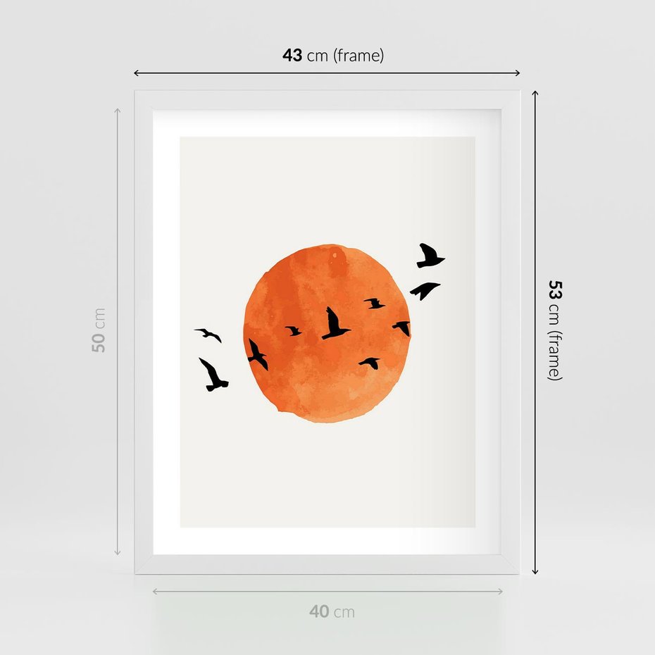 Plakat w ramie 40x50 - Zachód Słońca i Ptaki - grafika akwarela, czarne ptaki na tle zachodu słońca - rama biała