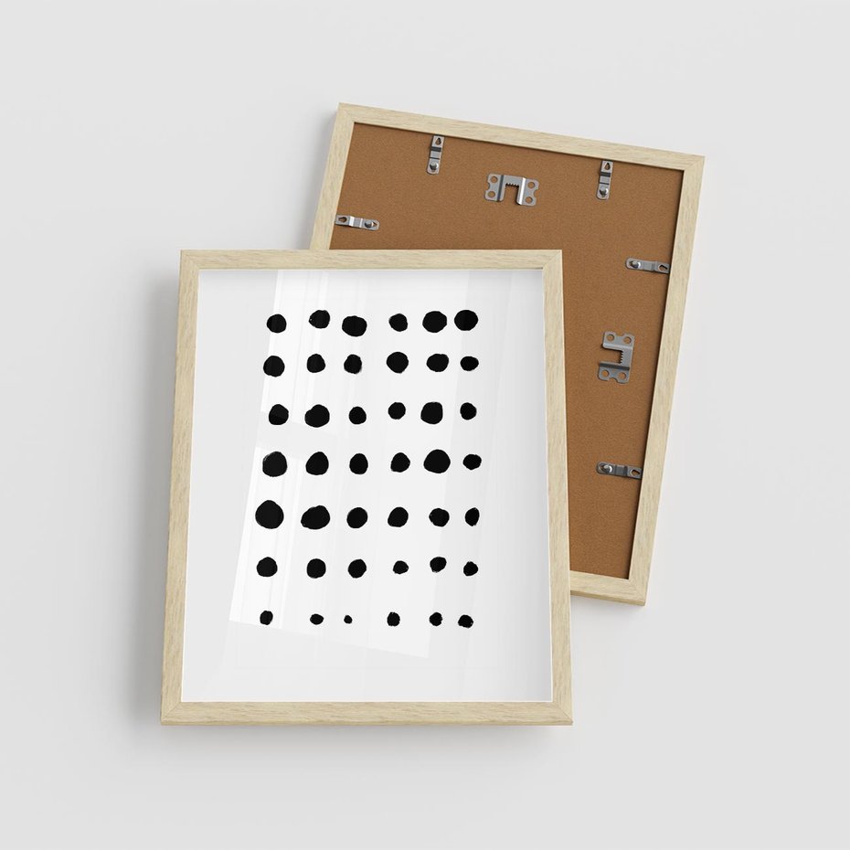 Plakat w ramie 40x50 - Refleksje Światła - minimalistyczna kompozycja, czarne kropkina białym tle - rama drewno