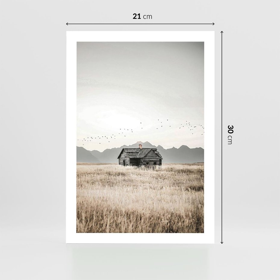 Plakat bez ramy 21x30 - Wiejska Idylla - stary drewniany dom w polu suchej trawy, fotografia