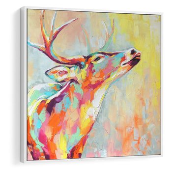 Obraz w ramie 80x80 - Impresje snów malarza - kolorowy olejny obraz, jeleń ryczący na rykowisku - rama biała
