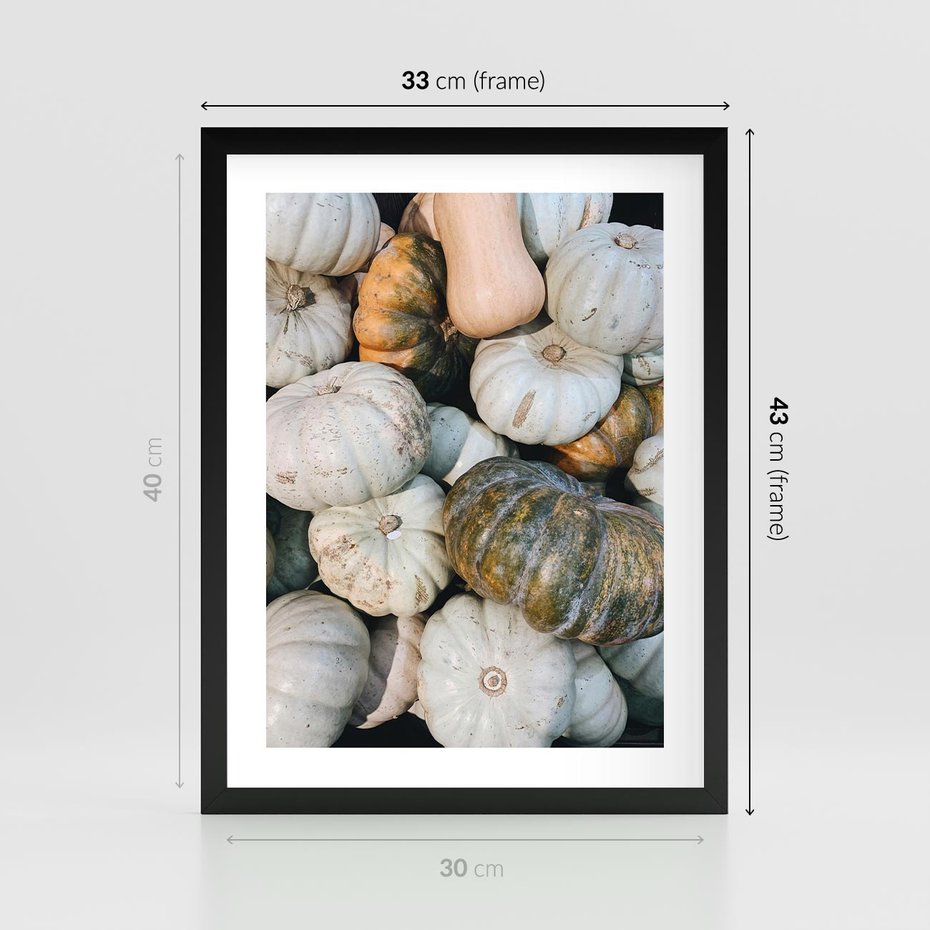 Plakat w ramie 30x40 - Minimalizm Jesieni - dynie, białe - rama czarna