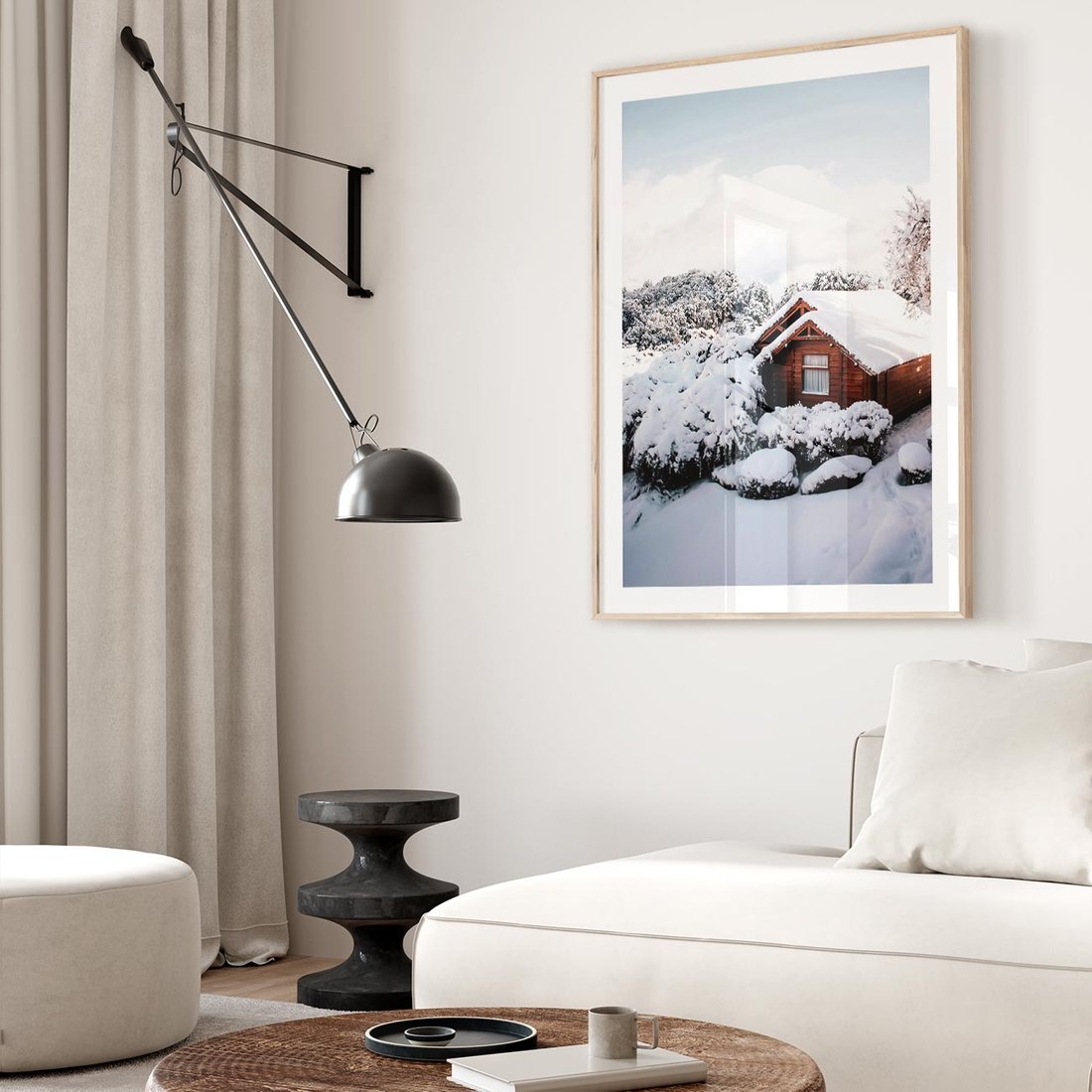 Plakat w ramie 50x70 - Zimowa Idylla w Górach - zima w górach, ośnieżone góry - rama drewno