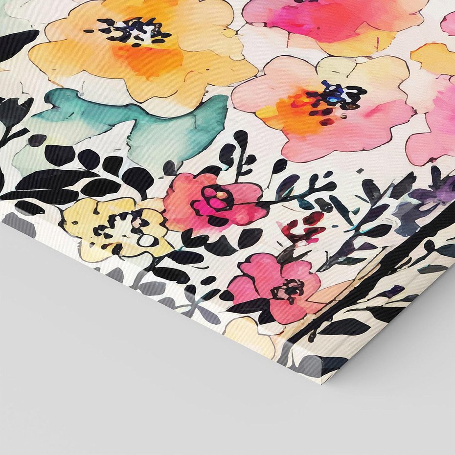 Obraz na płótnie 70x70 - Opowieść w kroplach farb - akwarelowe kwiaty, mocna ornamentowa czarna ramka namalowana dookoła obrazu