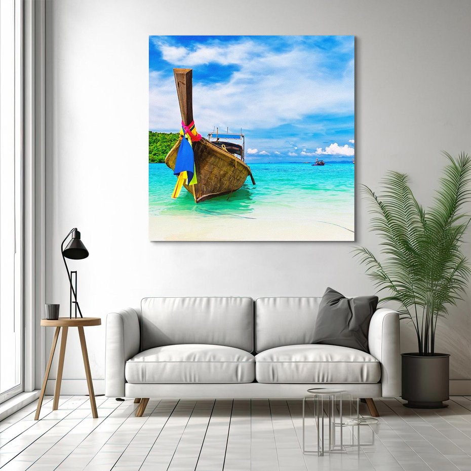 Obraz na płótnie 40x40 - Rajska Plaża Tajlandii: Spotkanie z Naturą - Tajlandia, łódź