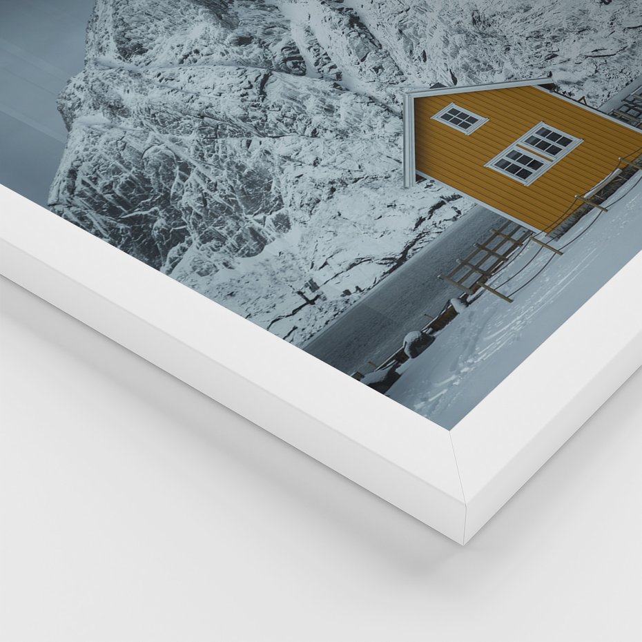 Zestaw obrazy w ramie 50x70 galeria - Skandynawia, Norwegia, góry, domek - rama biała