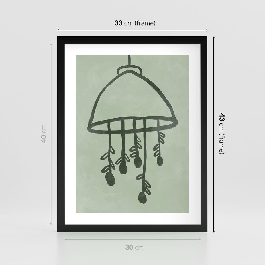 Plakat w ramie 30x40 - Zieleń Inspirującego Spokoju - plakat z abstrakcyjną zieloną lampą, skandynawski design - rama czarna