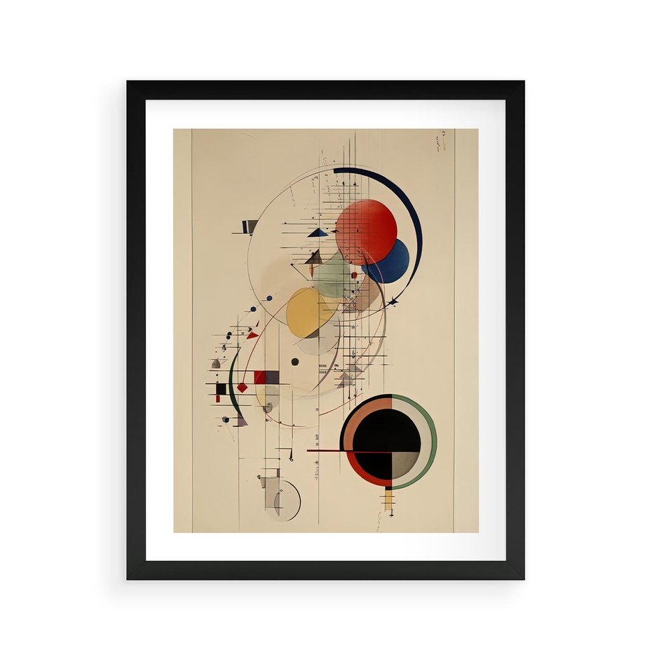 Plakat w ramie 40x50 - Impulsy Wydobyte z Cienia - abstrakcyjna geometryczna kompozycja, koła linie - rama czarna
