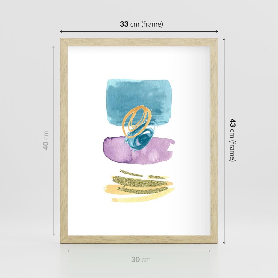 Plakat w ramie 30x40 - Taniec Akwarelowych Kresek - akwarelowe plamy w odcieniach błękitu, złote kreski - rama drewno