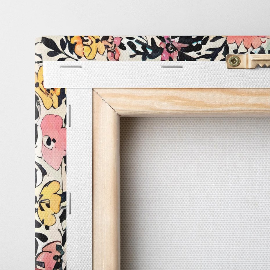 Obraz na płótnie 70x70 - Opowieść w kroplach farb - akwarelowe kwiaty, mocna ornamentowa czarna ramka namalowana dookoła obrazu