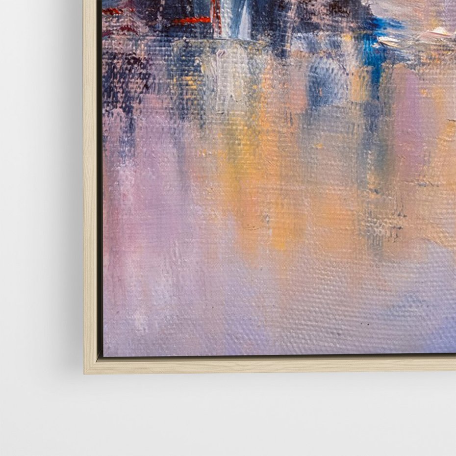 Obraz w ramie 80x120 - Miasto Refleksji - olejna panorama miasta w oddali, wiezowce odbijają się w rzece - rama drewno