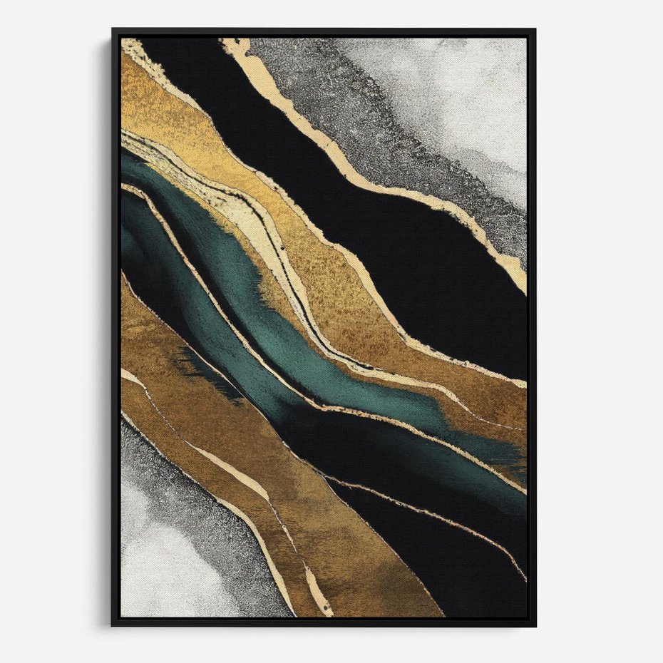 Obraz w ramie 50x70 - Refrakcje płynącej rzeczywistości - jak marmurowa rzeka, linie złota - rama czarna
