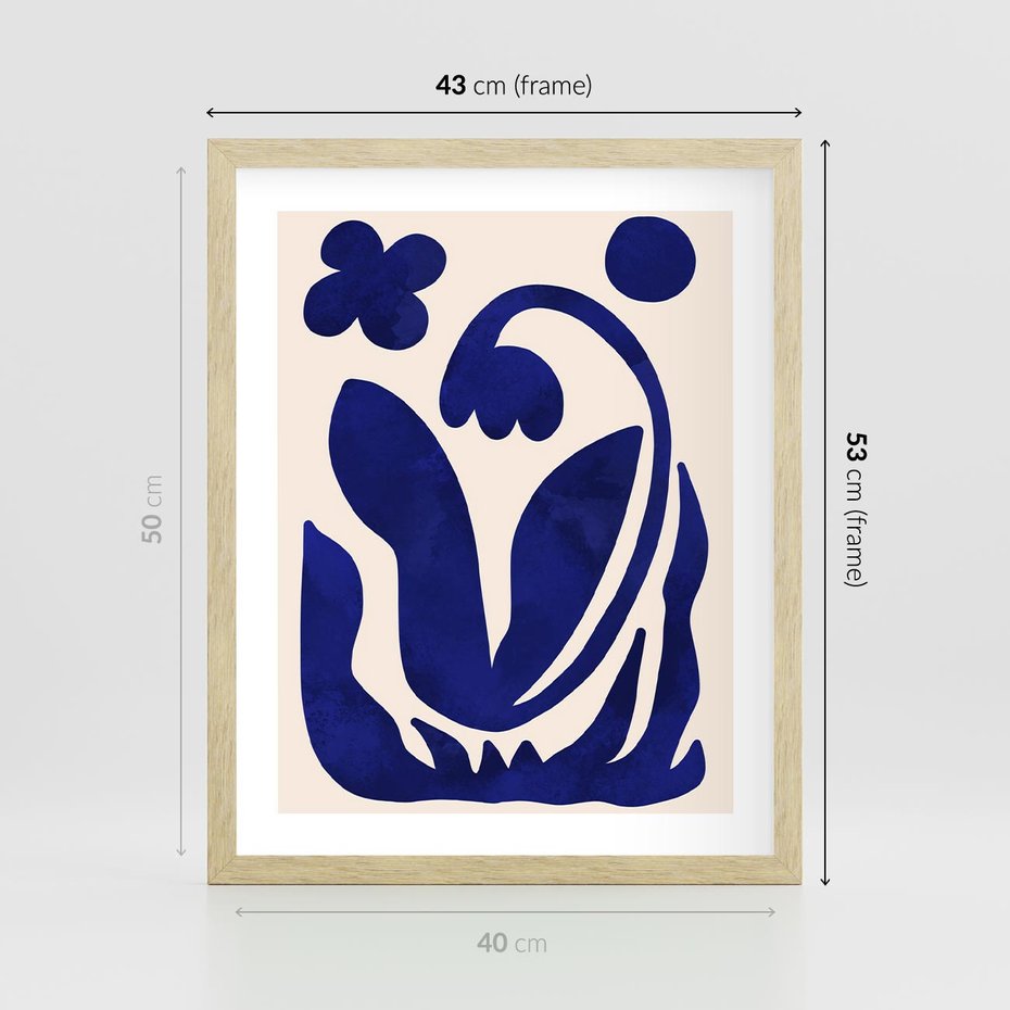 Plakat w ramie 40x50 - Bezgraniczne Echa Serca - abstrakcyjny obraz plakat, dziwne niebieskie kształty przypominają kwiat - rama drewno