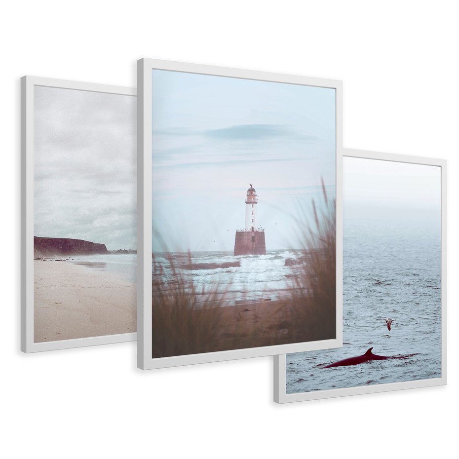 Zestaw obrazy w ramie 50x70 galeria - Latarnia, mglisty, pejzaż, morze - rama biała