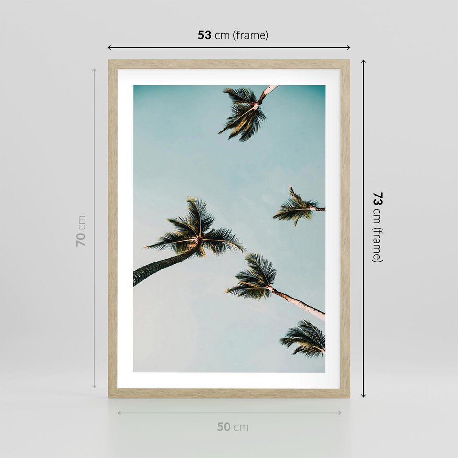 Plakat w ramie 50x70 - Palmy i Niebo - palmy, ujęcie z dołu - rama drewno