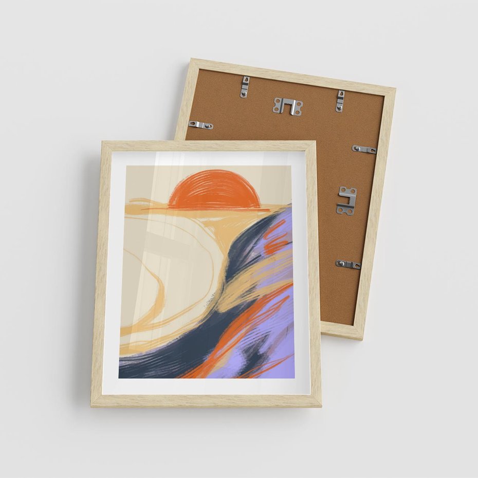 Plakat w ramie 40x50 - Pomarańczowy Horyzont - pastelowy krajobraz, nowoczesny plakat - rama drewno