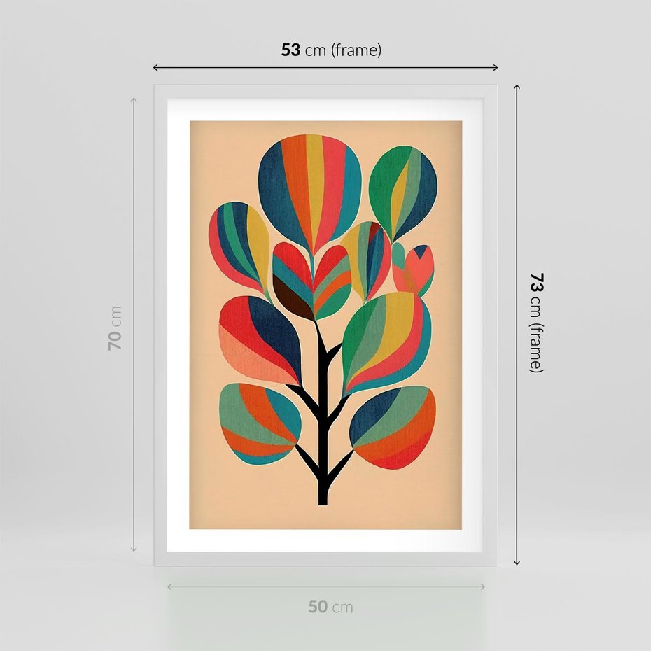 Plakat w ramie 50x70 - Harmonia Rozplątanych Form - abstrakcyjny kolorowy tęczowy obraz, inspiracje roślinne - rama biała