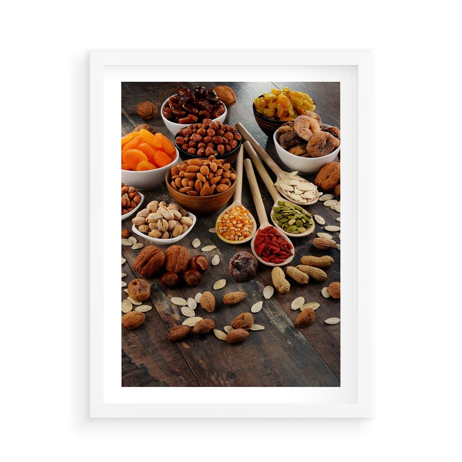 Plakat w ramie 50x70 - Szlachetne smaki kuchni - nasiona, bakalie - rama biała