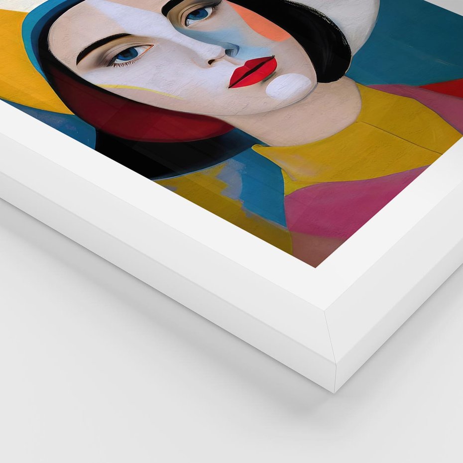 Plakat w ramie 30x40 - Kształtujące Widzenia - abstrakcyjny obraz olejny, portret twarzy kobiety - rama biała