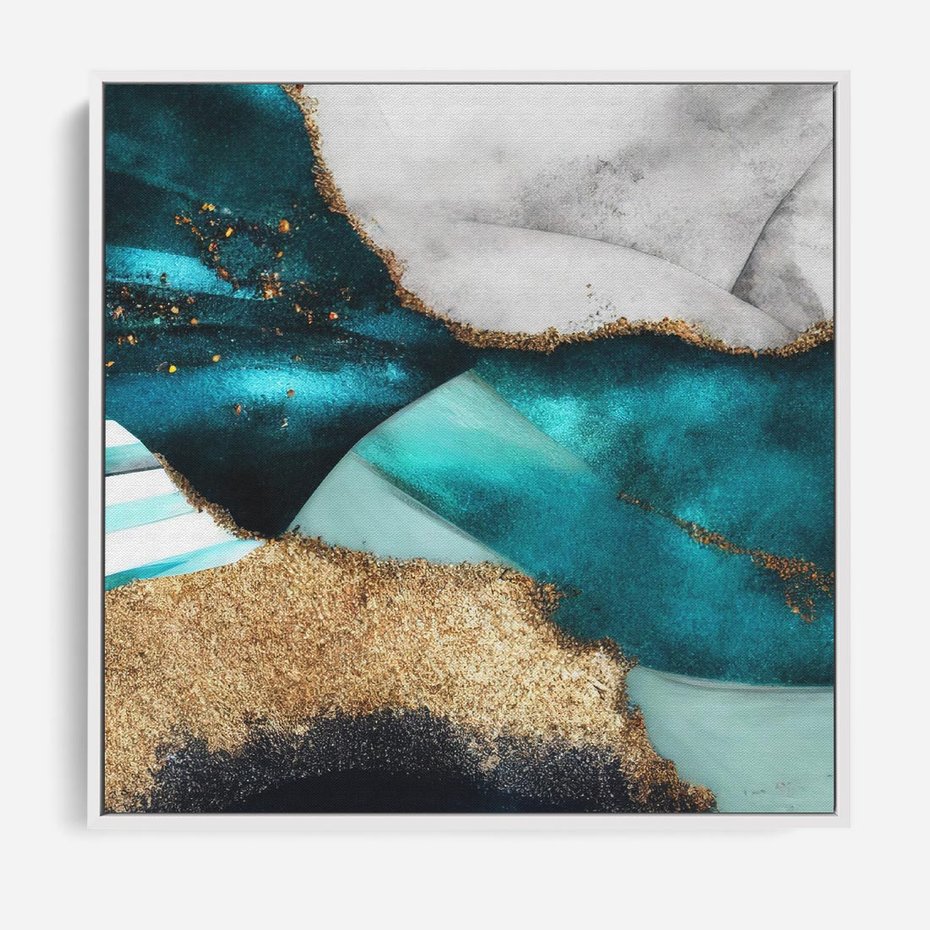 Obraz w ramie 80x80 - Rozlane Turkusy - Turkusowe plamy, złote elementy - rama biała