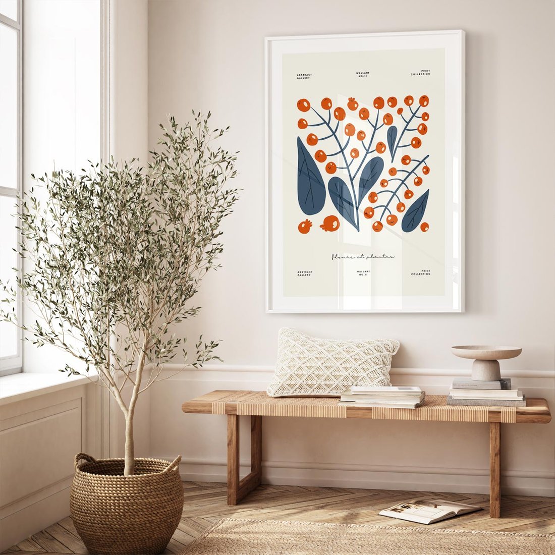 Plakat w ramie 30x40 - Minimalistyczna Uroda Jarzębin - jarzębiny, niebieskie liście - rama biała