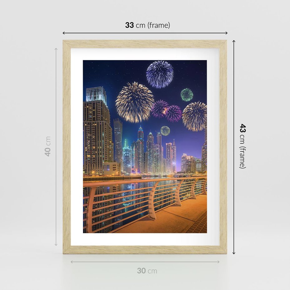 Plakat w ramie 30x40 - Fajerwerki Nowego Roku - nowy rok, fajerwerki - rama drewno