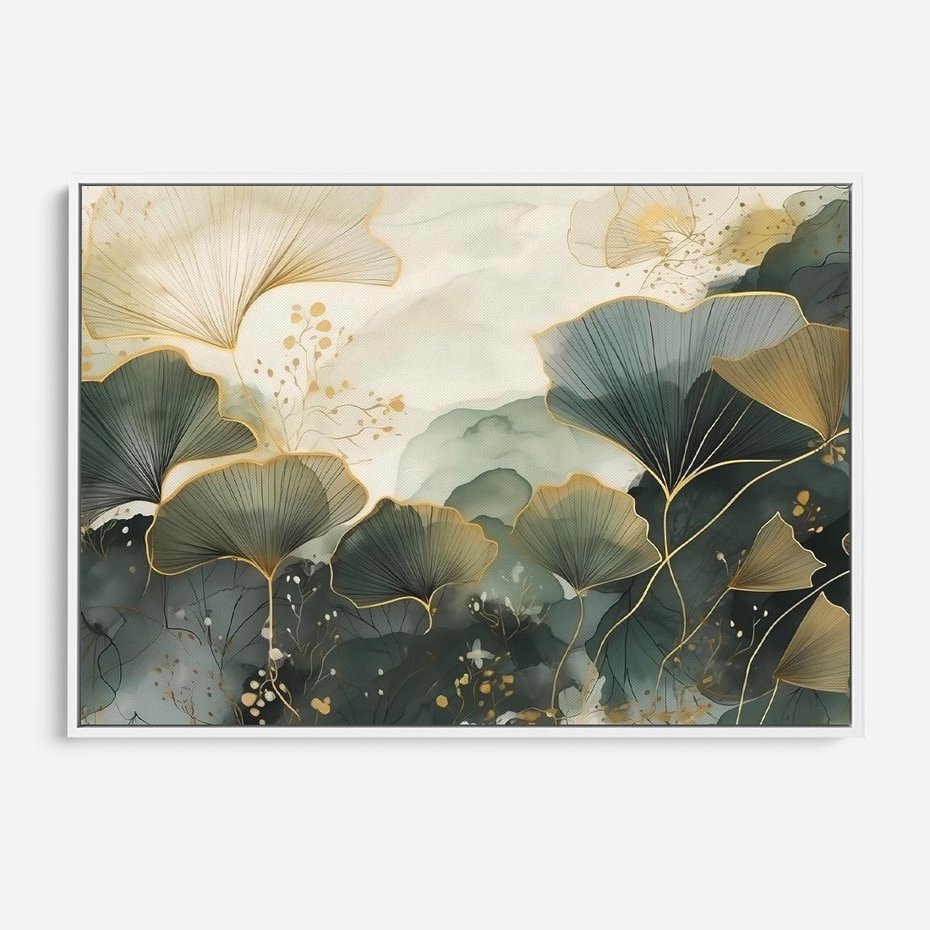 Obraz w ramie 120x80 - Natura w Złotym Odcieniu - złote elementy, liście miłorzębu japońskiego - rama biała