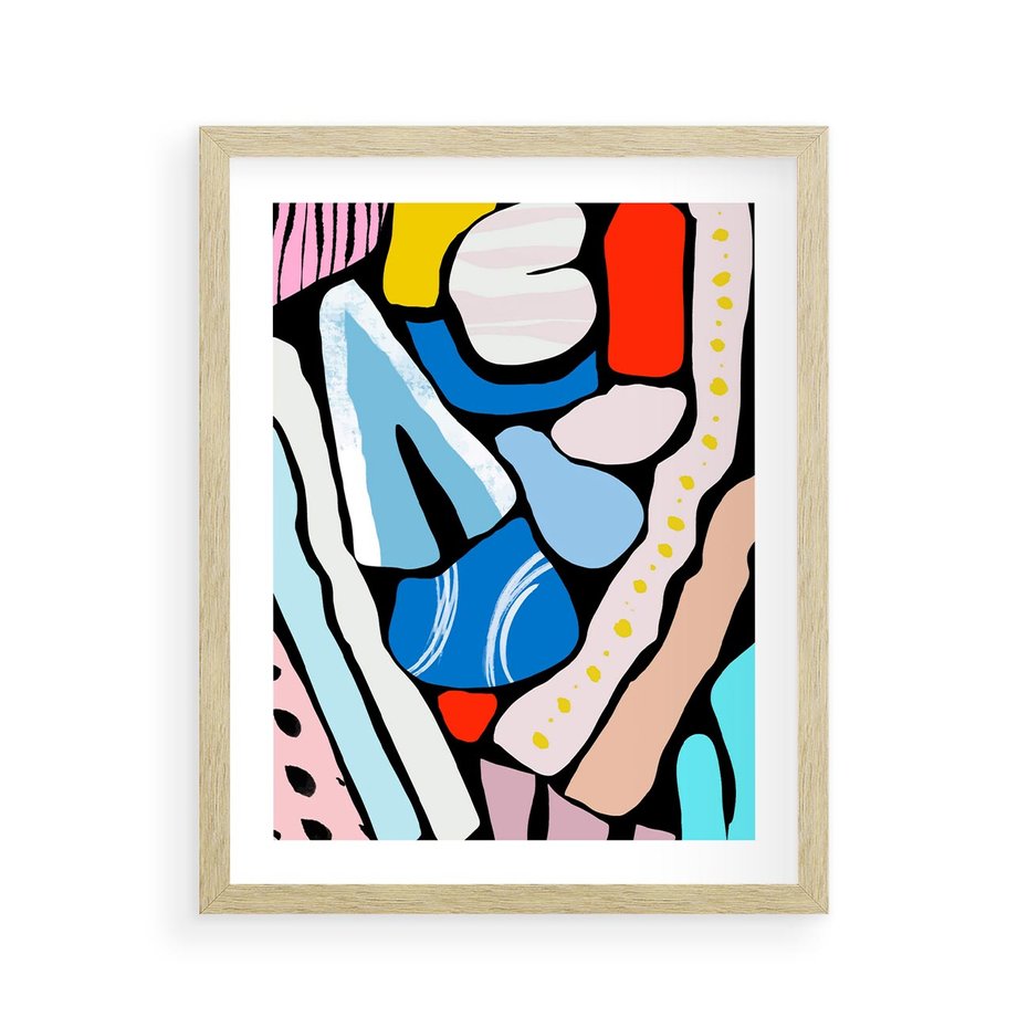 Plakat w ramie 40x50 - Kolory Na Czerni - abstrakcyjne formy, komiksowy styl - rama drewno