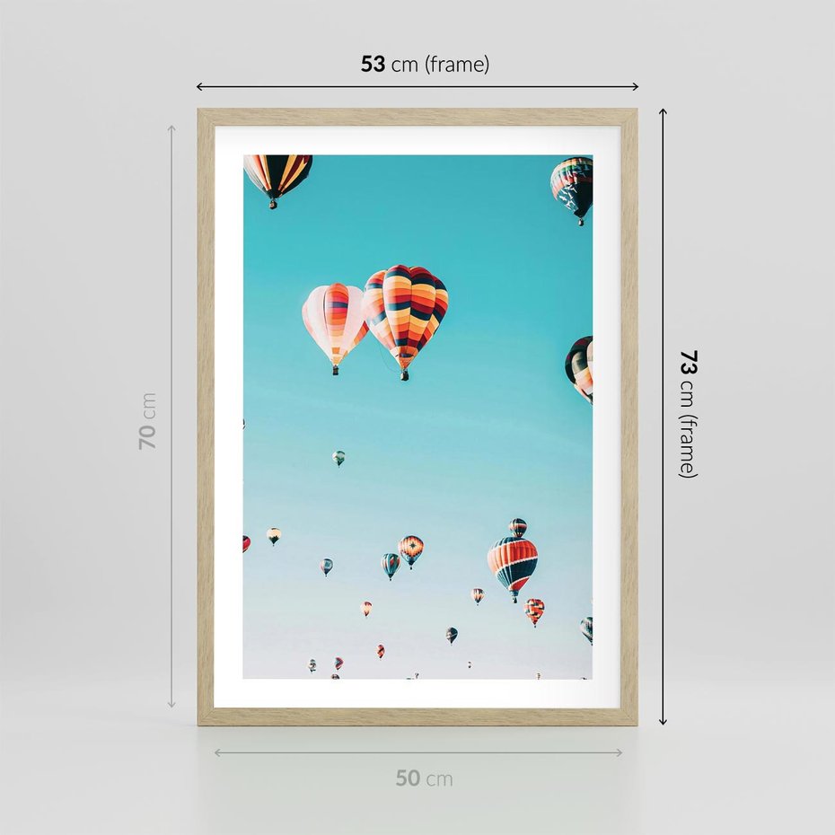 Plakat w ramie 50x70 - Balonowa Ekscytacja - balony latają w powietrzu, wyścigi balonów - rama drewno