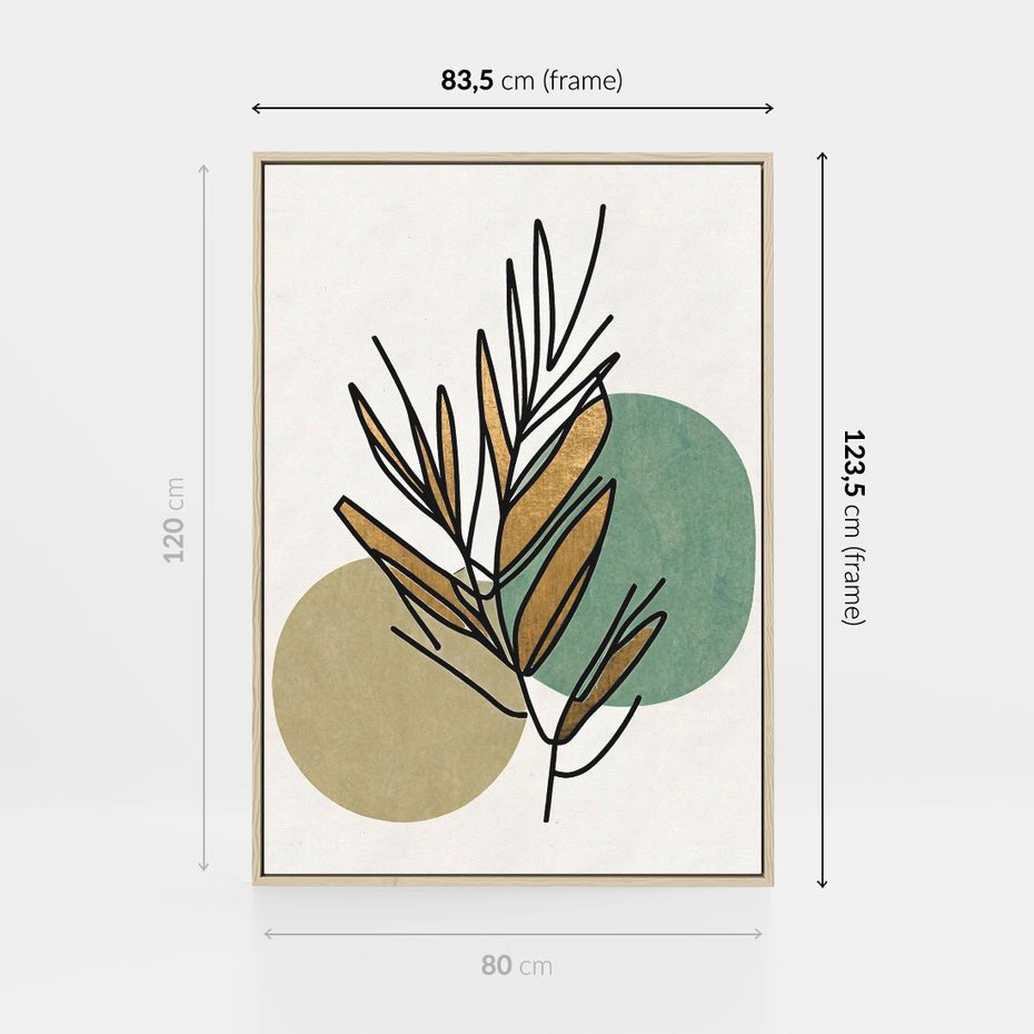 Obraz w ramie 80x120 - Migocące Ścieżki Wizji - abstrakcyjny obraz boho, liście - rama drewno