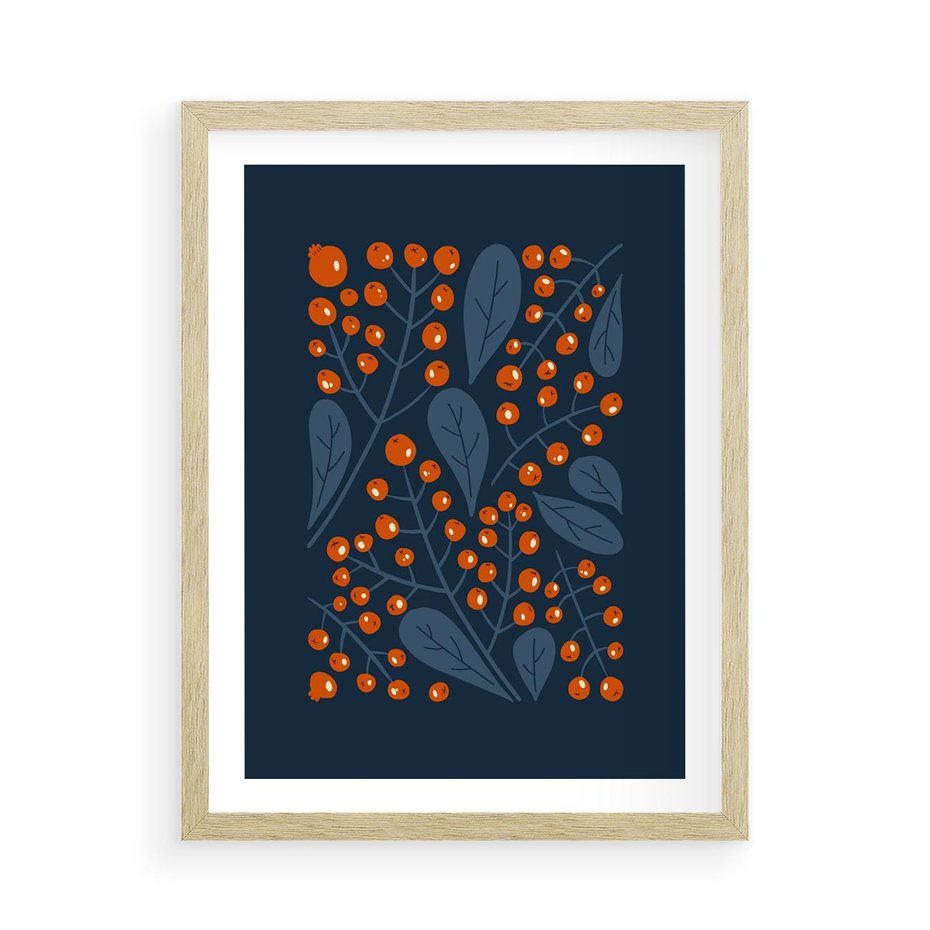 Plakat w ramie 50x70 - Symfonia liści i owoców - granatowe tło, pomarańczowe owoce jarzębiny - rama drewno
