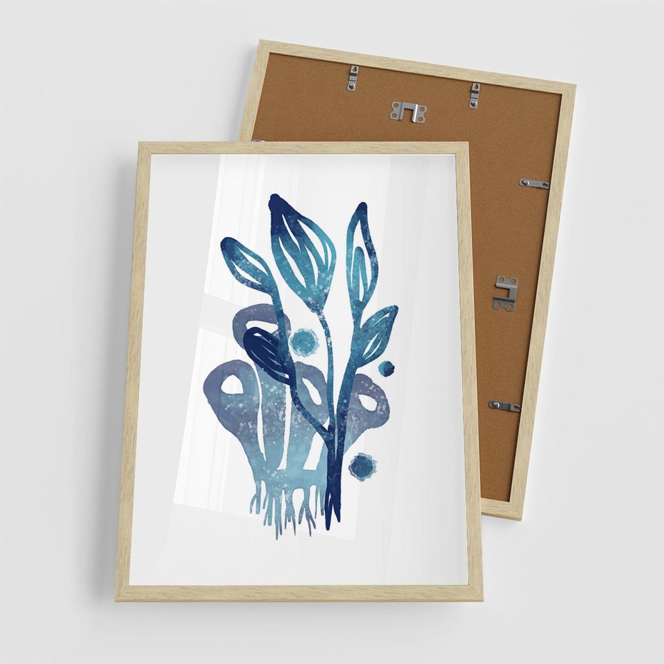 Plakat w ramie 50x70 - Akwarelowy Błękit - pastelowy, abstrakcyjny plakat - rama drewno