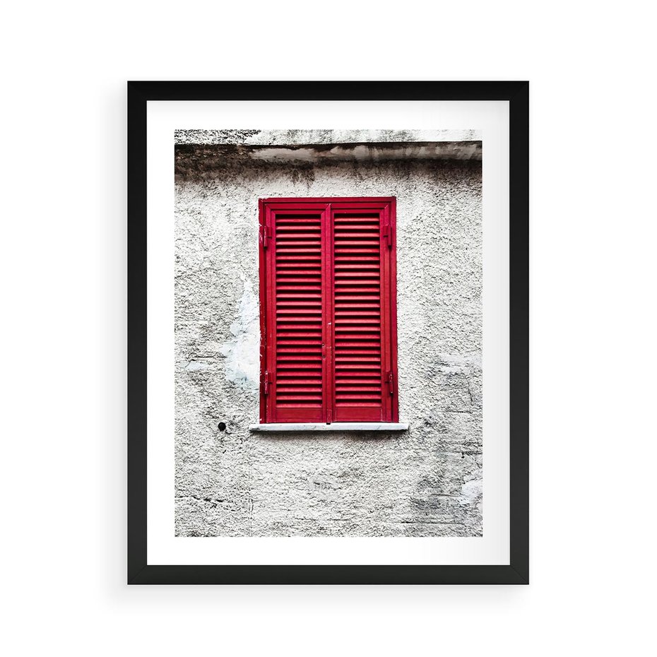 Plakat w ramie 40x50 - Okno z Czerwonymi Okiennicami - stare okno, kamienica - rama czarna